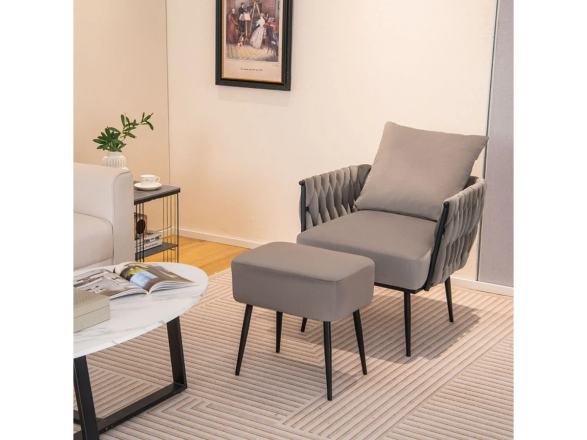 Chaise d'Appoint et Ottoman en Velours Chaise de Loisirs Dossier et Accoudoirs Tissés avec Repose-pieds Profondeur d'Assise 58 cm Gris