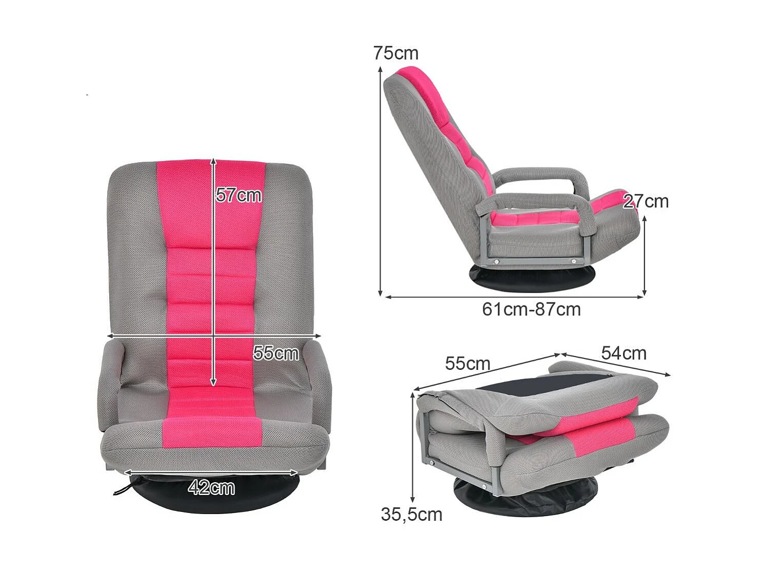 360° Drehbarer Bodenstuhl mit 6-Fach Verstellbarer Rückenlehne Armlehne Bodensessel Rosa