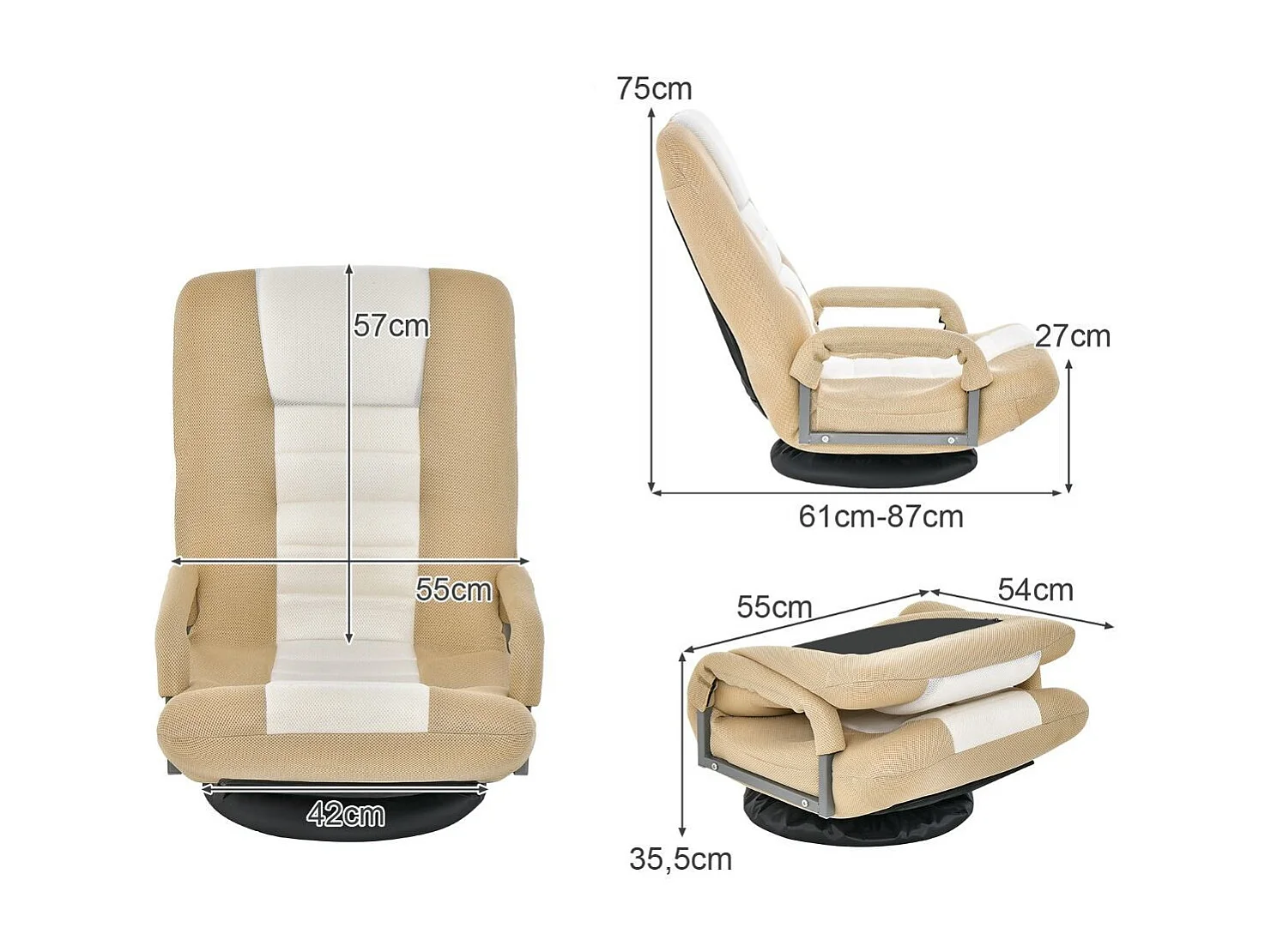 360° Drehbarer Bodenstuhl mit 6-Fach Verstellbarer Rückenlehne Bodensessel Beige