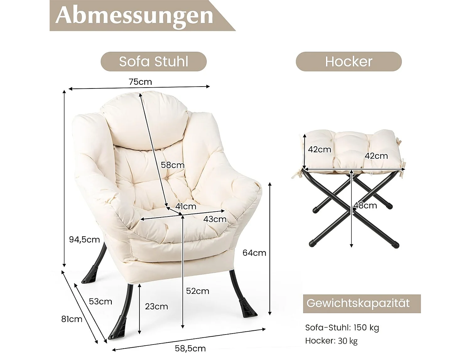 Relaxsessel mit Fußstütze ZB32331 - Beige, Zero Gravity System, Ergonomischer Komfort