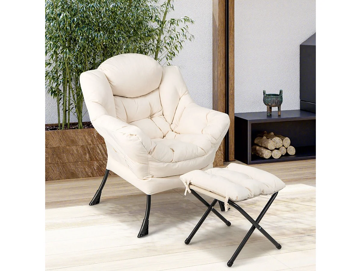 Sessel mit Hocker & Armlehnen & Seitentasche & Fußstütze Relaxsessel Ohrensessel Beige