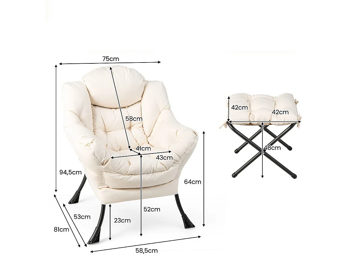 Sessel mit Hocker & Armlehnen & Seitentasche & Fußstütze Relaxsessel Ohrensessel Beige