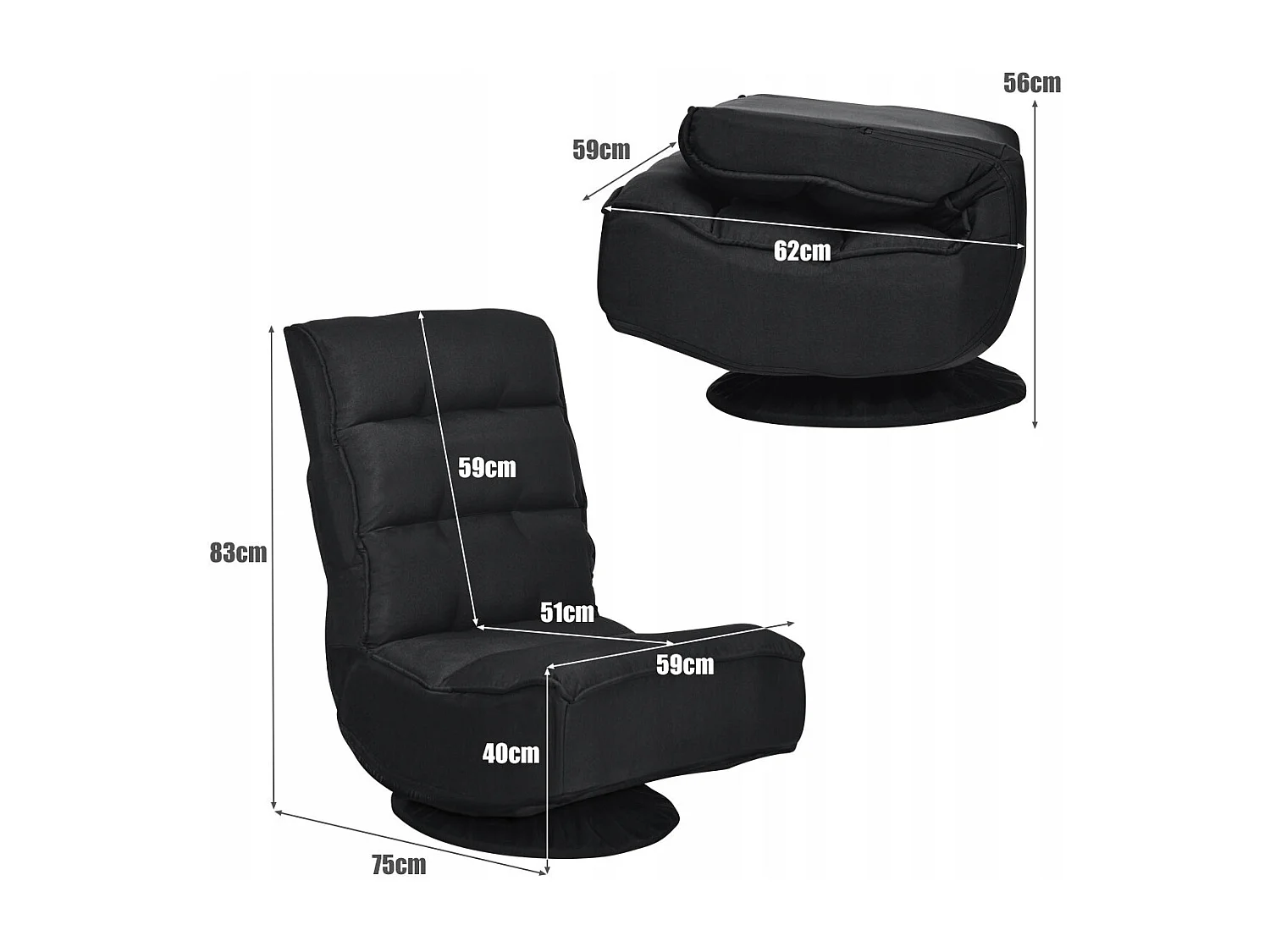 Chaise Relax Pliable et Réglable en 5 Positions Pivotant 360 Degrés Rembourrée Confortable Noir