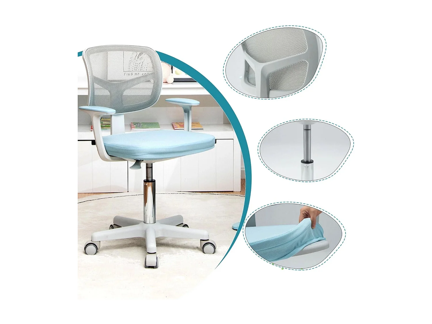 Sedia per scrivania per bambini con altezza regolabile, Sedile girevole a rete Blu