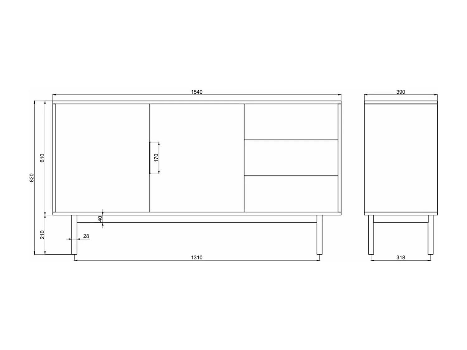 Sideboard mit 3 Schubladen - schwarz - 154 cm - VIVIARO