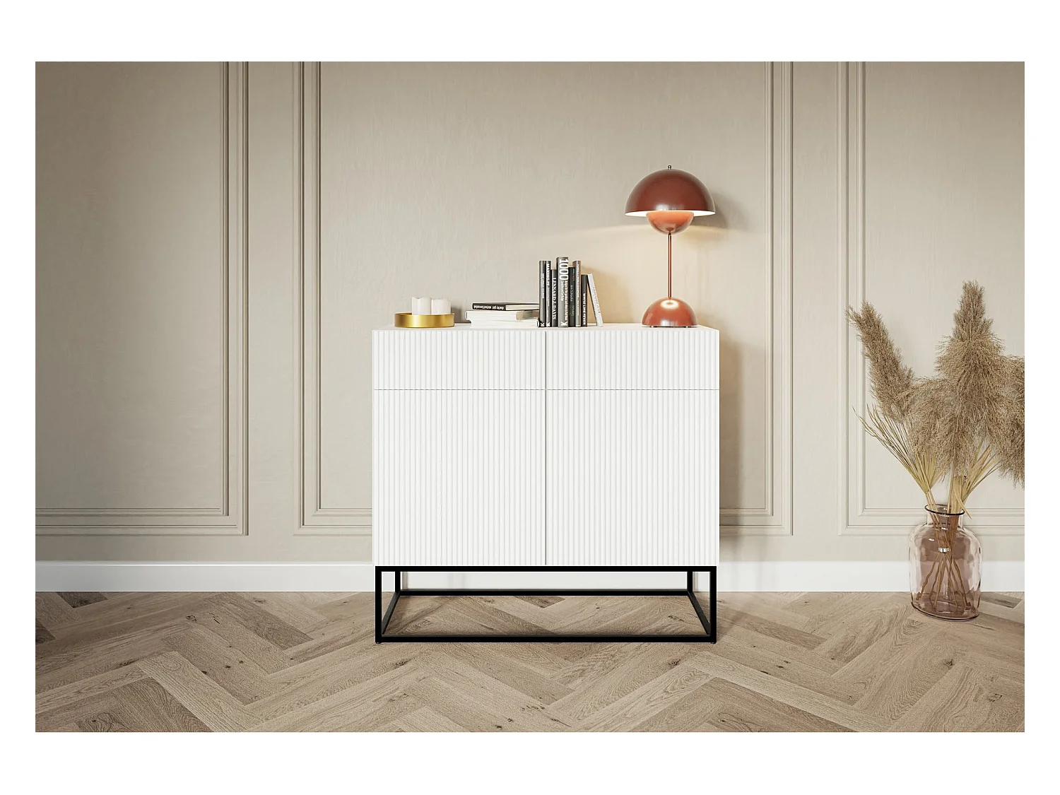 Buffet 2 portes - 100 cm blanc avec pieds noirs - VELDIO