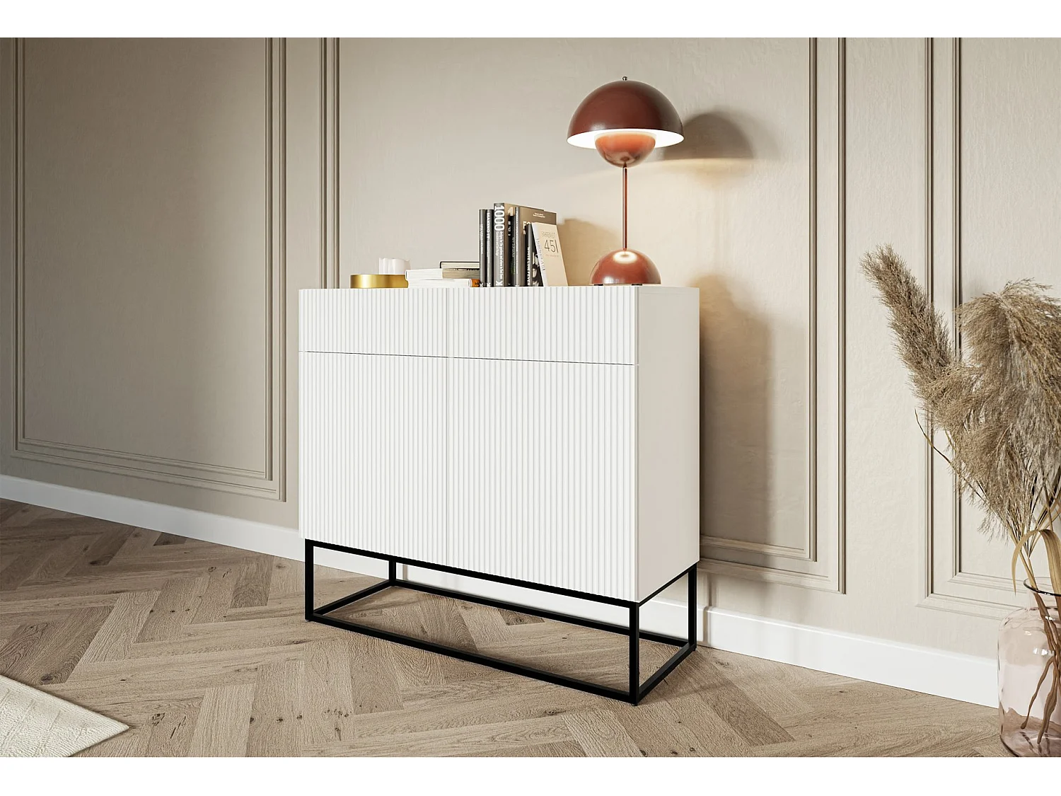 Buffet 2 portes - 100 cm blanc avec pieds noirs - VELDIO