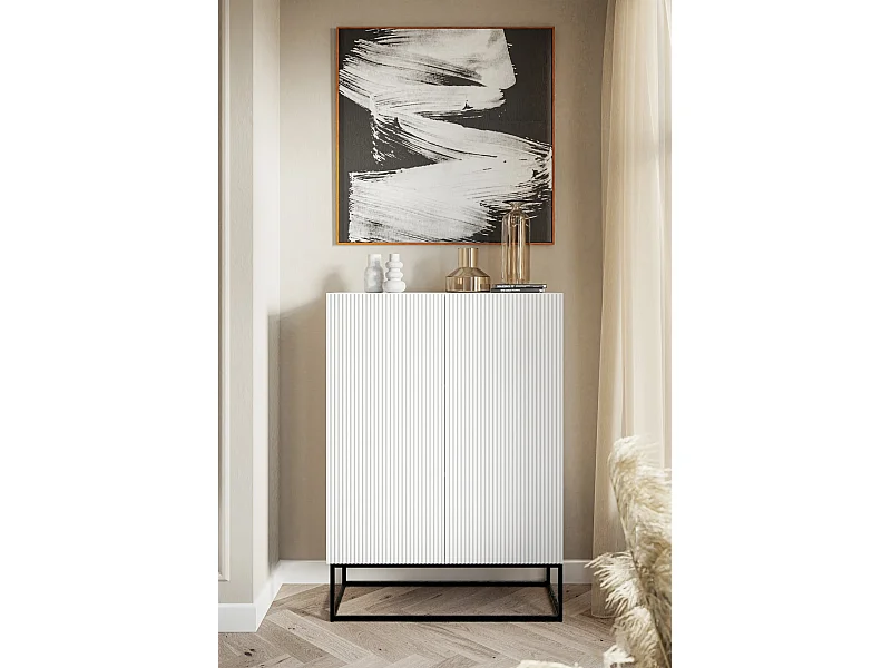 Highboard 2-türig - Weiß mit schwarzem Metallgestell - 90 cm - VELDIO