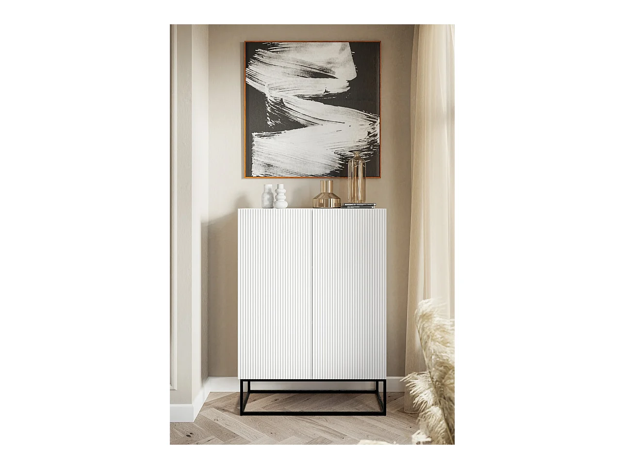 Buffet haute 2 portes - 90 cm - blanc avec pieds noirs - VELDIO