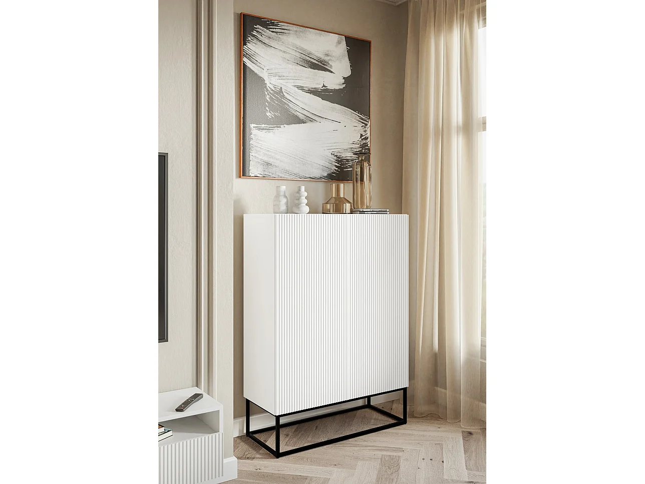 Buffet haute 2 portes - 90 cm - blanc avec pieds noirs - VELDIO