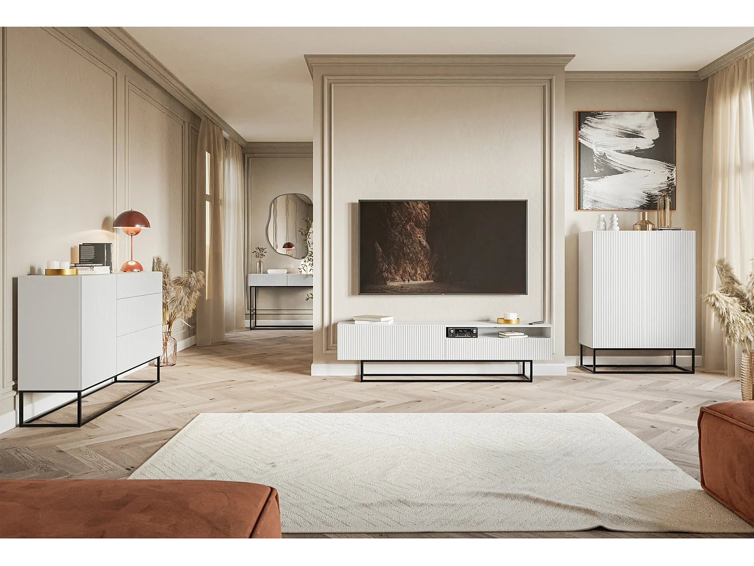 Buffet haute 2 portes - 90 cm - blanc avec pieds noirs - VELDIO