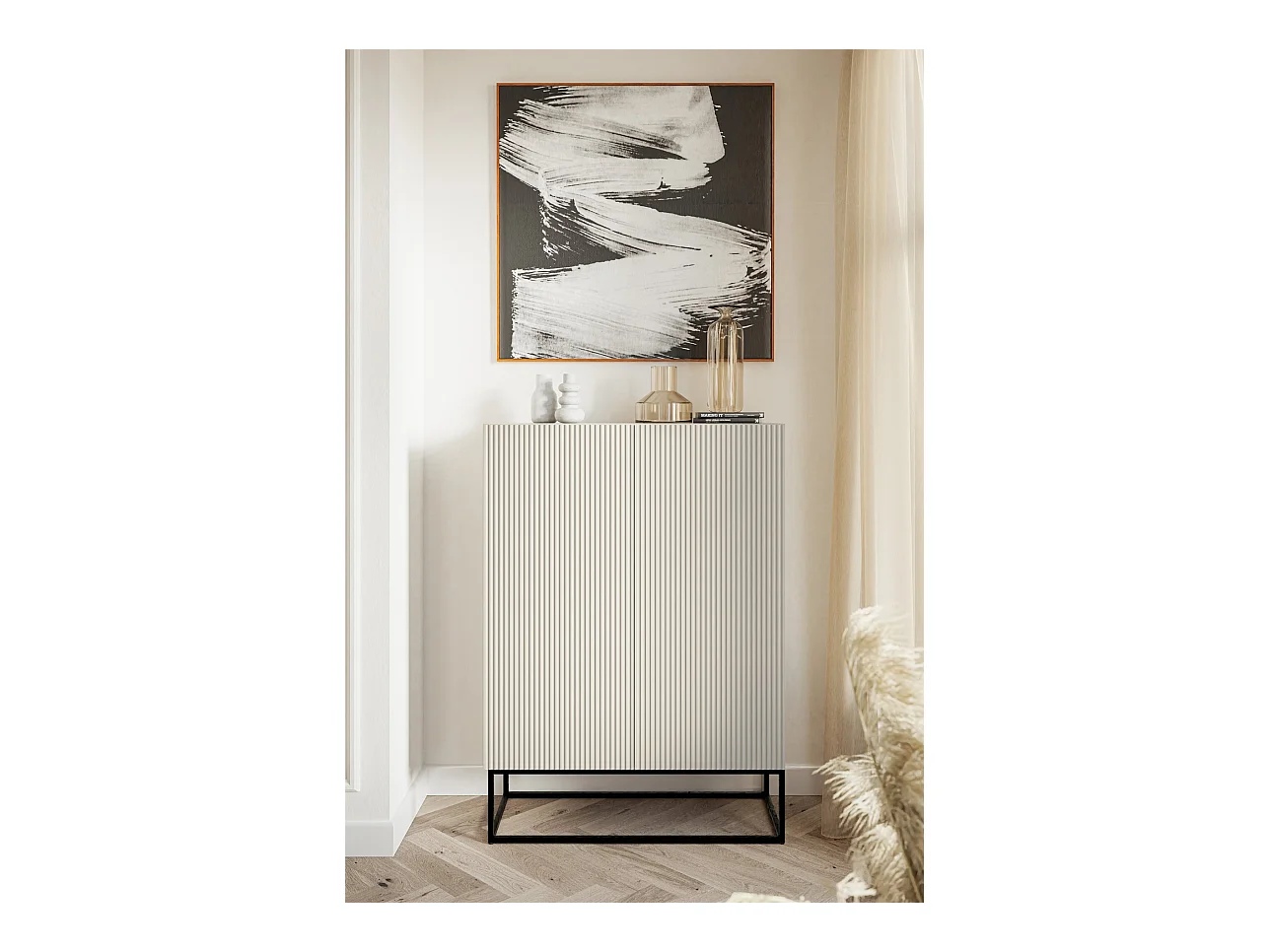 Buffet haute 2 portes - 90 cm - grège avec pieds noirs - VELDIO