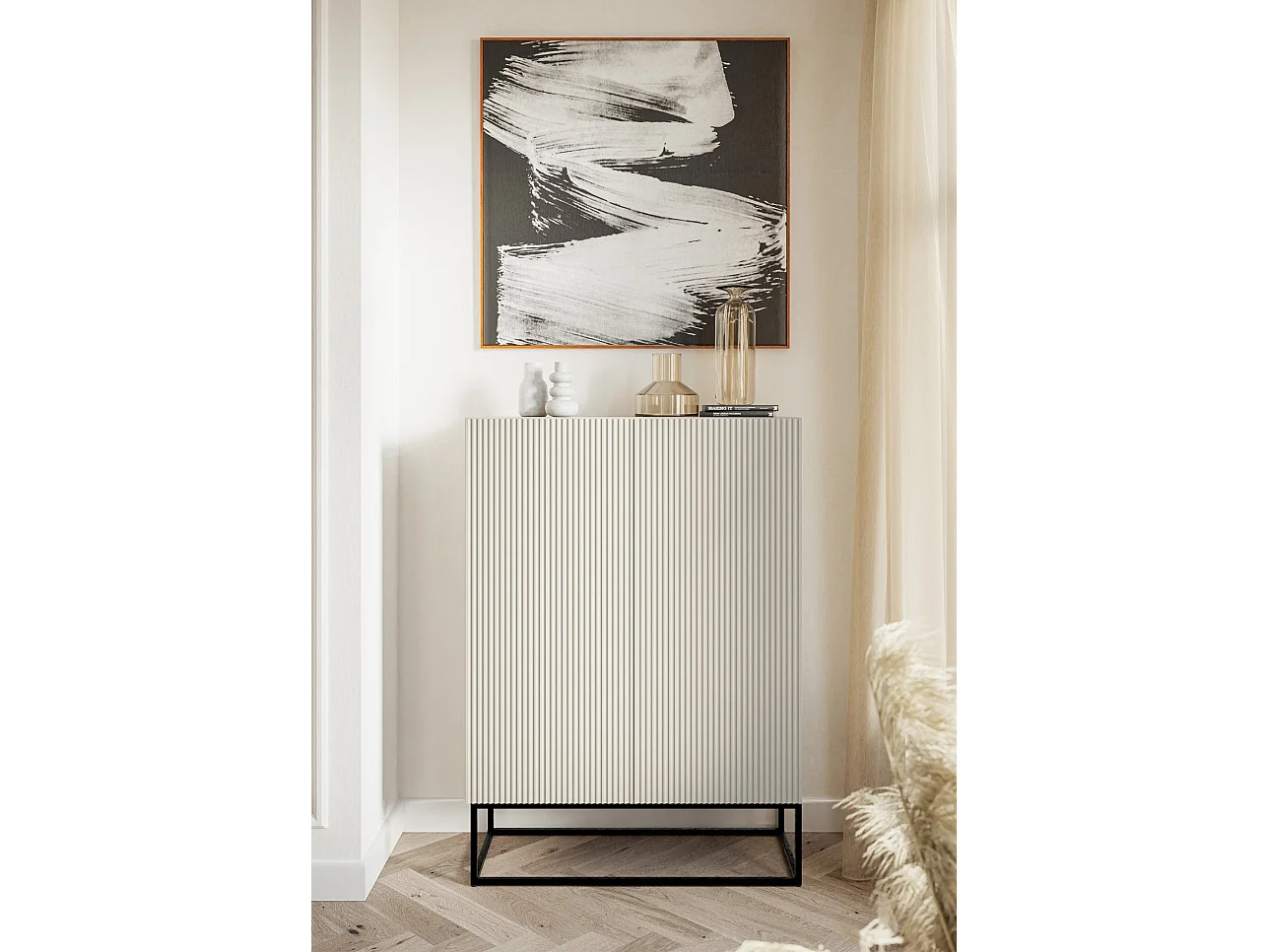 Buffet haute 2 portes - 90 cm - grège avec pieds noirs - VELDIO