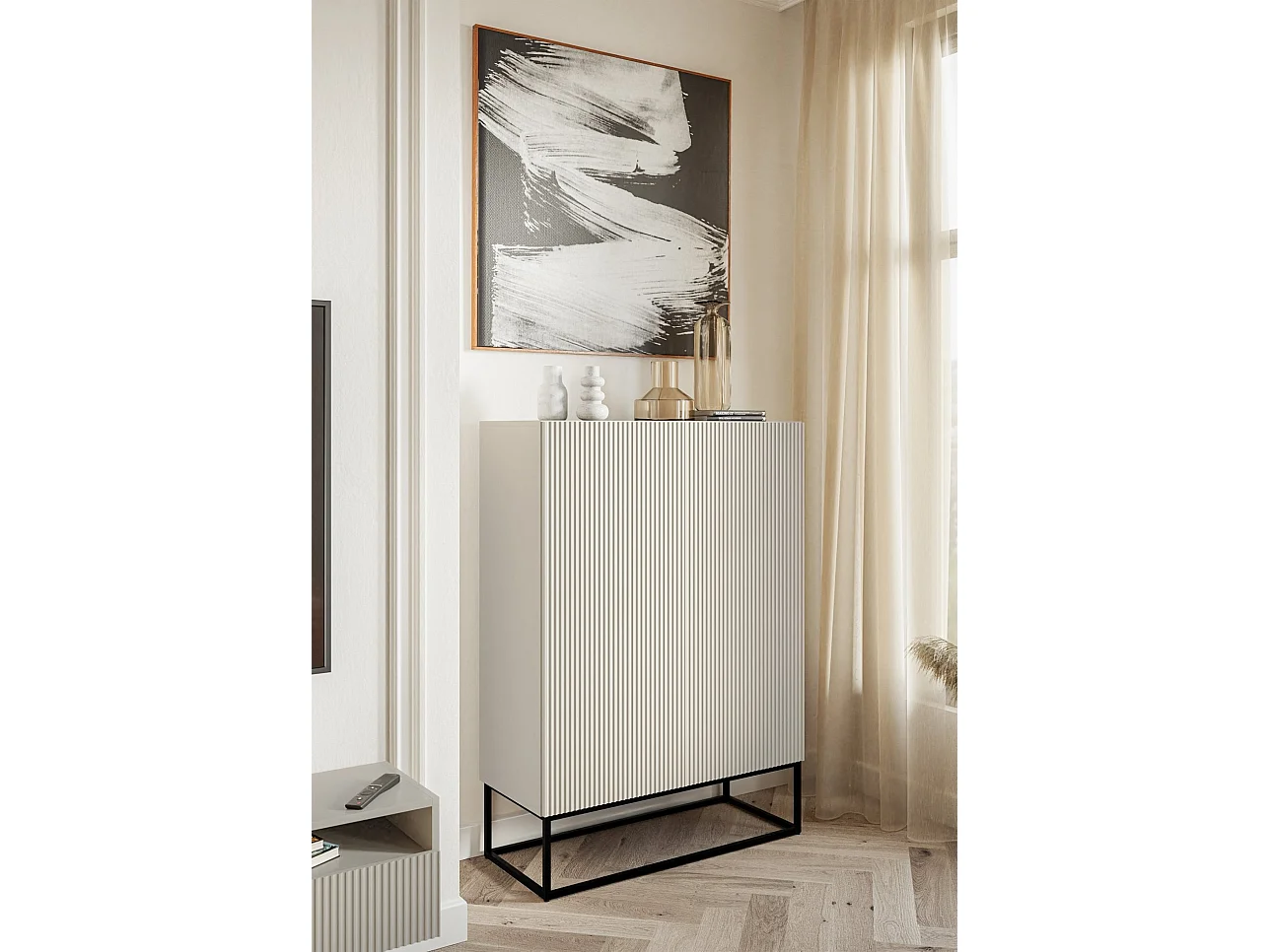 Buffet haute 2 portes - 90 cm - grège avec pieds noirs - VELDIO
