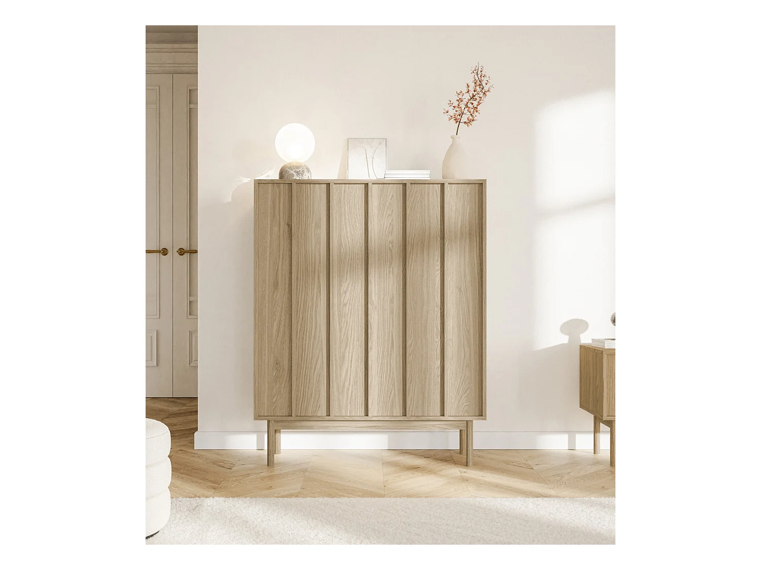 Commode haute à deux portes - 100 cm - couleur de bois chêne huilé - NEKSTO