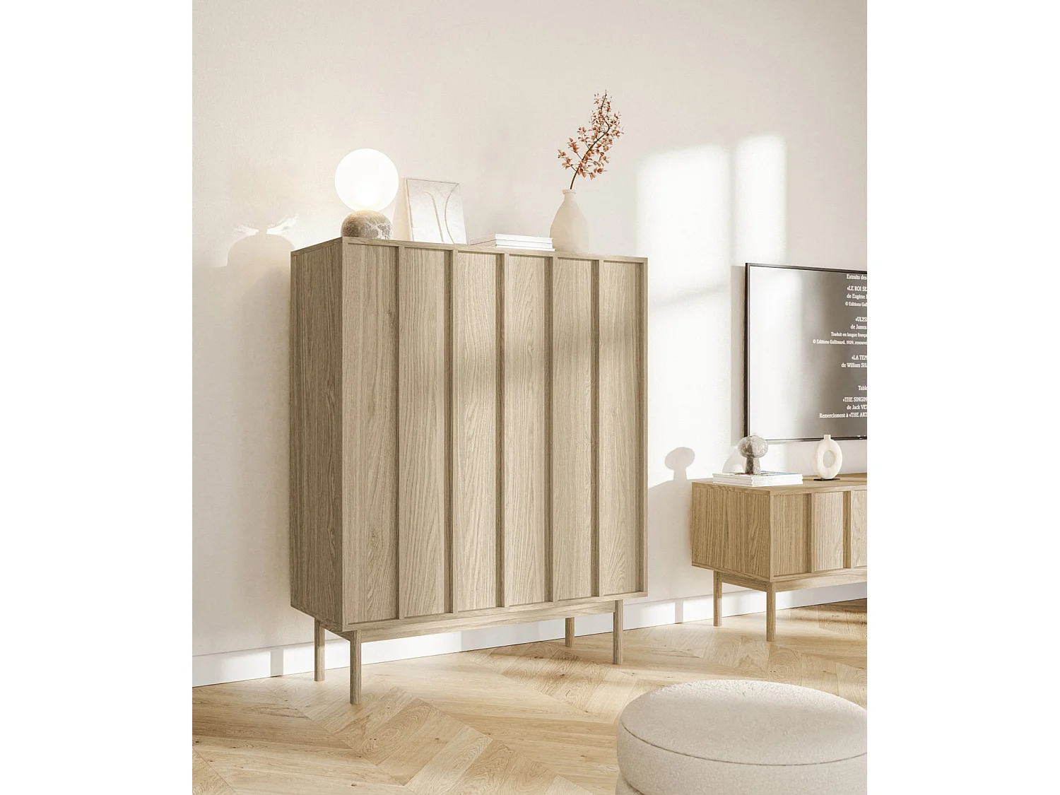 Commode haute à deux portes - 100 cm - couleur de bois chêne huilé - NEKSTO