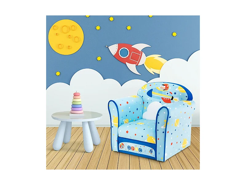 Kinder-Sofa Kleinkinder Polster-Armlehnenstuhl mit massivem Holzrahmen 50 x 40 x 44 cm (Raumschiff)