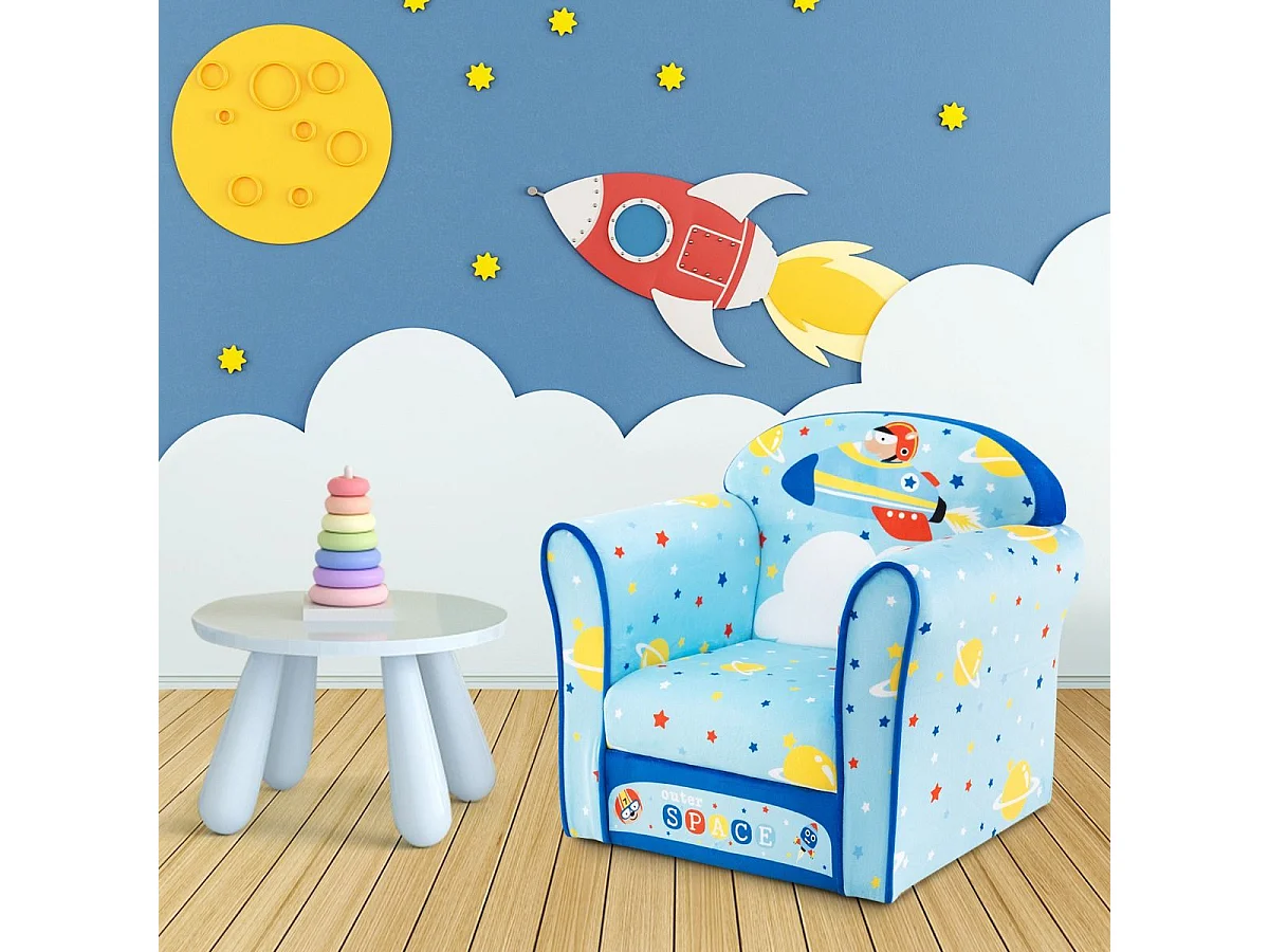 Kinder-Sofa Kleinkinder Polster-Armlehnenstuhl mit massivem Holzrahmen 50 x 40 x 44 cm (Raumschiff)