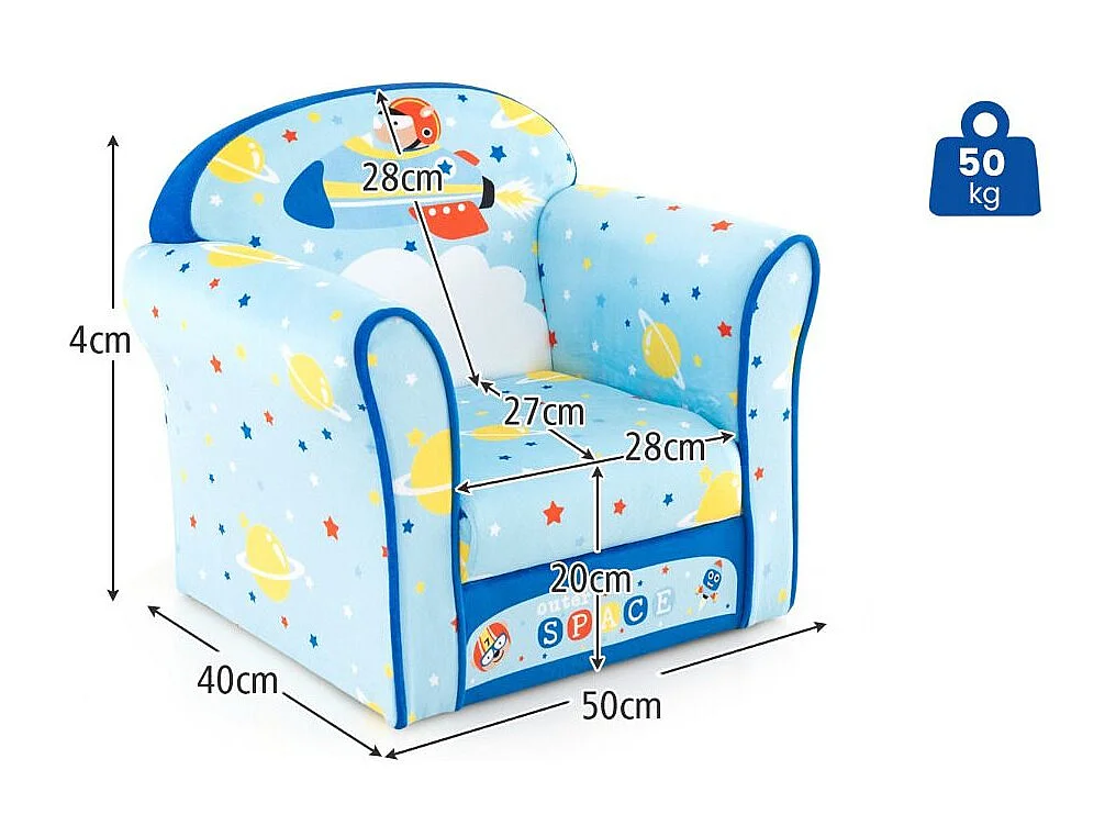 Kinder-Sofa Kleinkinder Polster-Armlehnenstuhl mit massivem Holzrahmen 50 x 40 x 44 cm (Raumschiff)