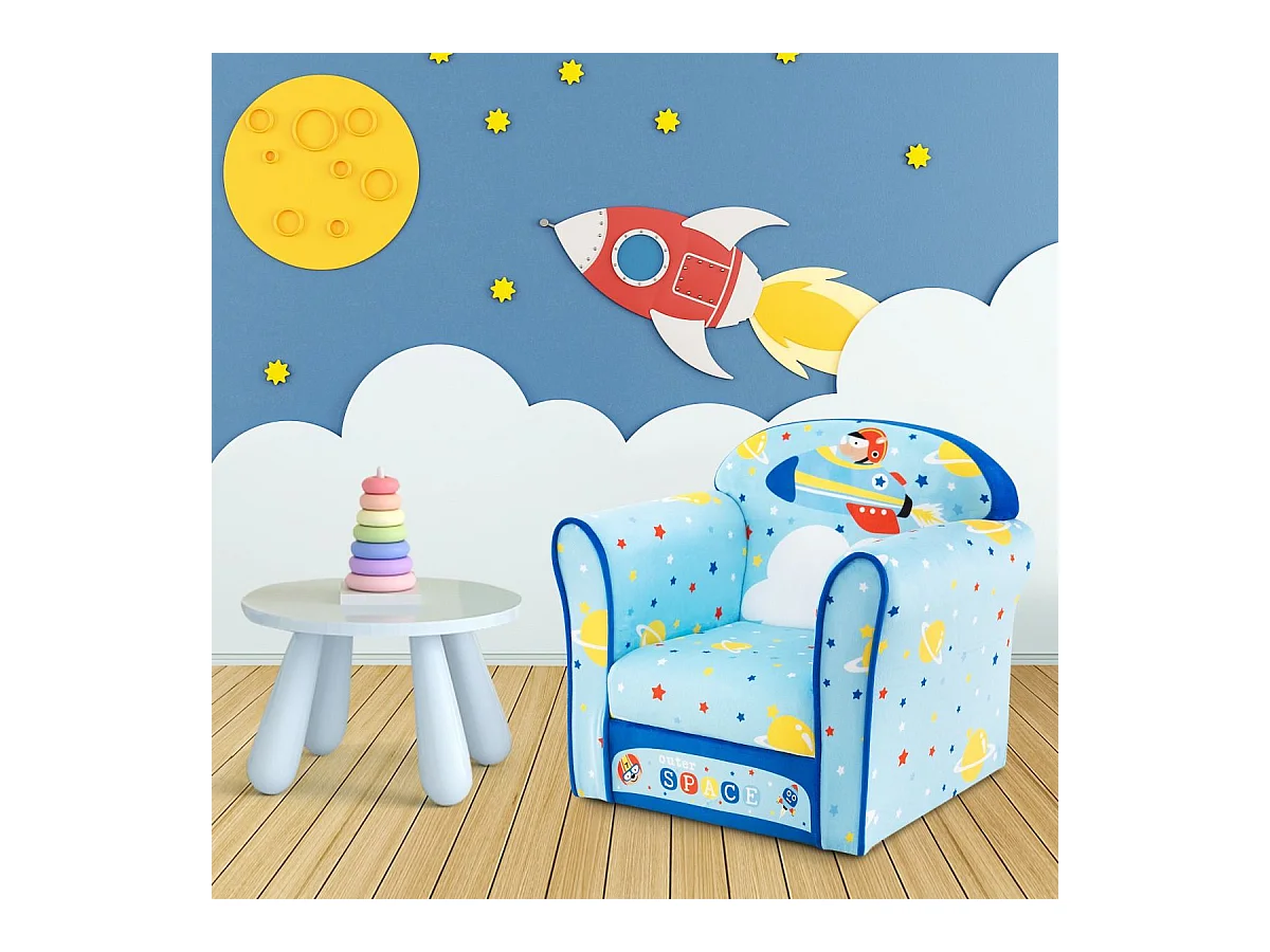 Fauteuil Bébé en Velours Cadre en Bois Patins Antidérapants Canapé Enfants 0-5 Ans Motif Fusée