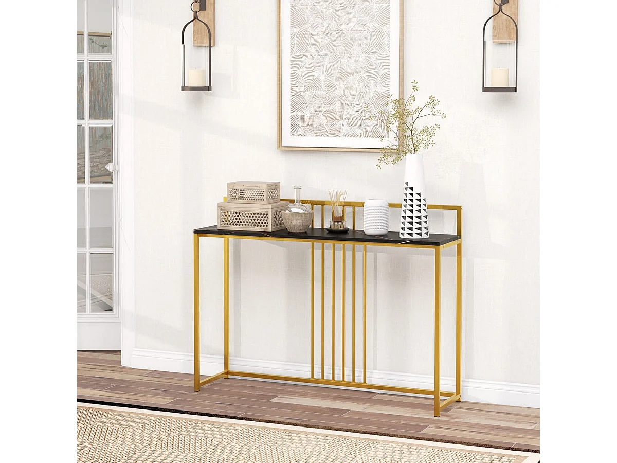 120 cm Konsolentisch mit Marmoroptik & Goldfarbenem Metallgestell Moderner Flurtisch Schwarz
