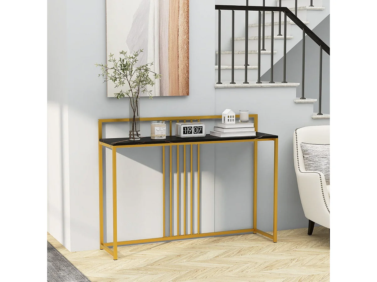 120 cm Konsolentisch mit Marmoroptik & Goldfarbenem Metallgestell Moderner Flurtisch Schwarz