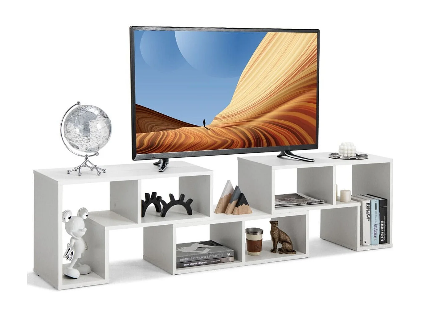 Meuble TV 3 Pièces 134-180x30x43cm Combination Libre pour Télévision Jusqu'à  49 Pouces pour Salon Chambre Bureau en MDF Blanc