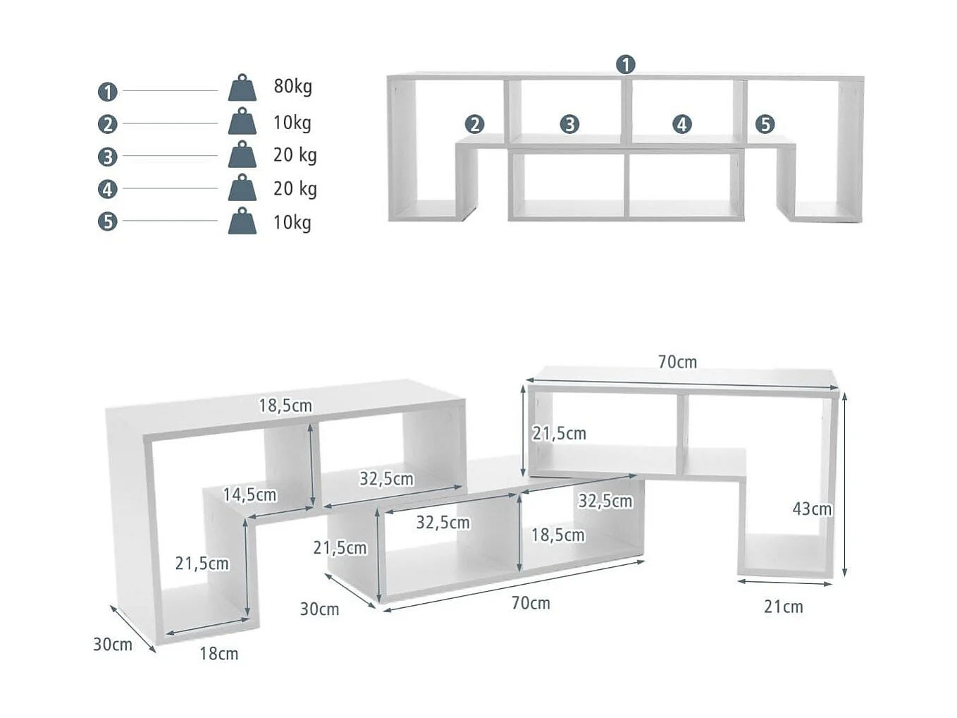 Meuble TV 3 Pièces 134-180x30x43cm Combination Libre pour Télévision Jusqu'à  49 Pouces pour Salon Chambre Bureau en MDF Blanc