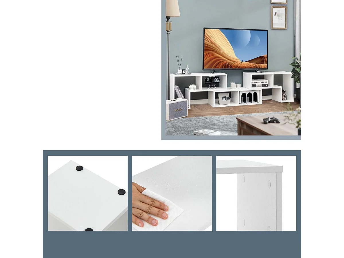 Meuble TV 3 Pièces 134-180x30x43cm Combination Libre pour Télévision Jusqu'à  49 Pouces pour Salon Chambre Bureau en MDF Blanc