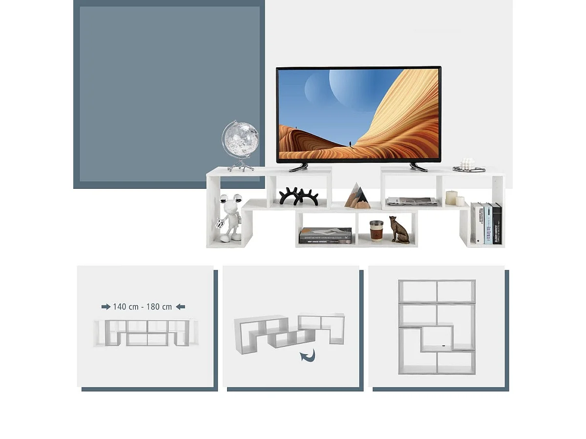 Meuble TV 3 Pièces 134-180x30x43cm Combination Libre pour Télévision Jusqu'à  49 Pouces pour Salon Chambre Bureau en MDF Blanc