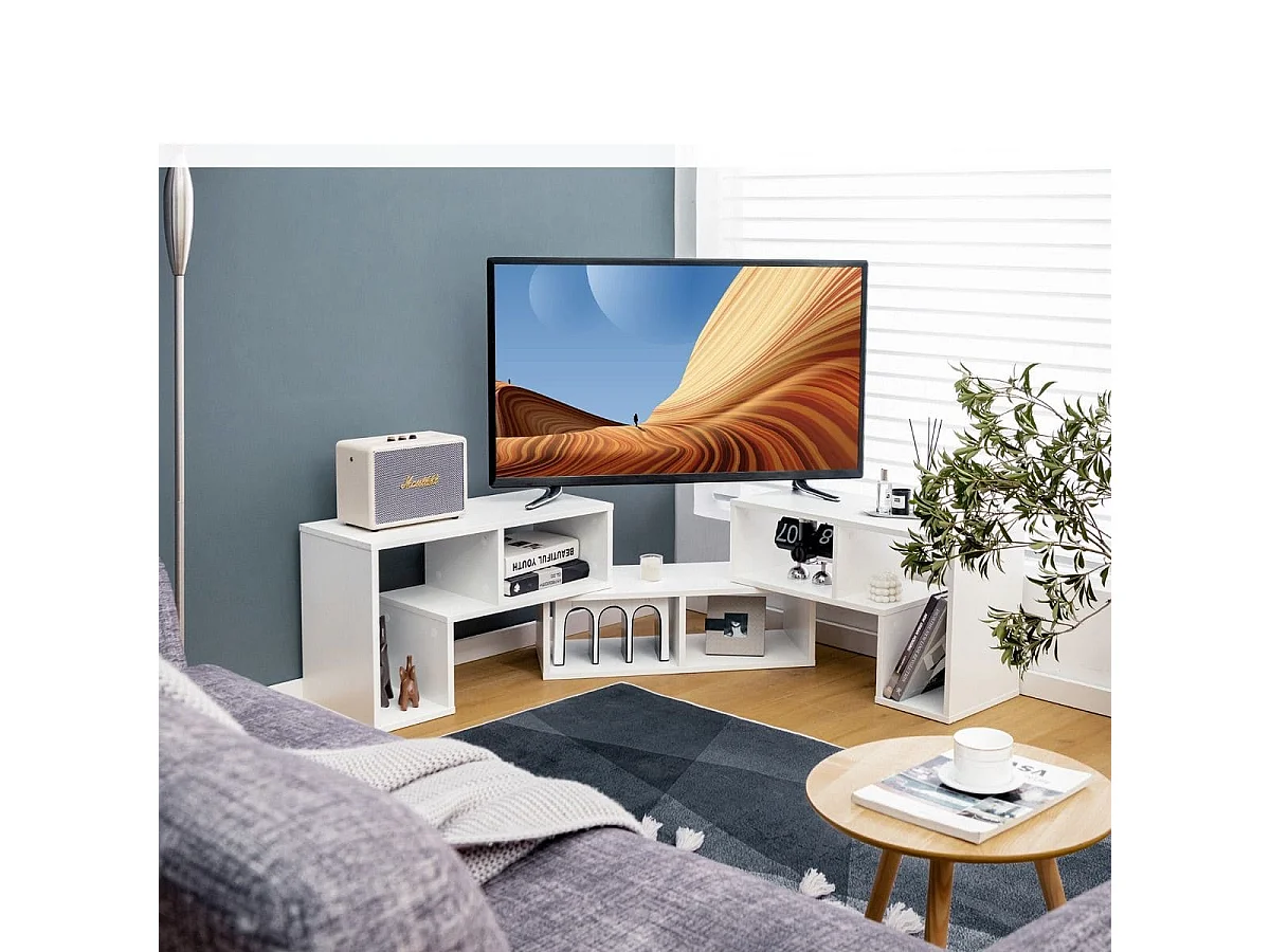 Meuble TV 3 Pièces 134-180x30x43cm Combination Libre pour Télévision Jusqu'à  49 Pouces pour Salon Chambre Bureau en MDF Blanc