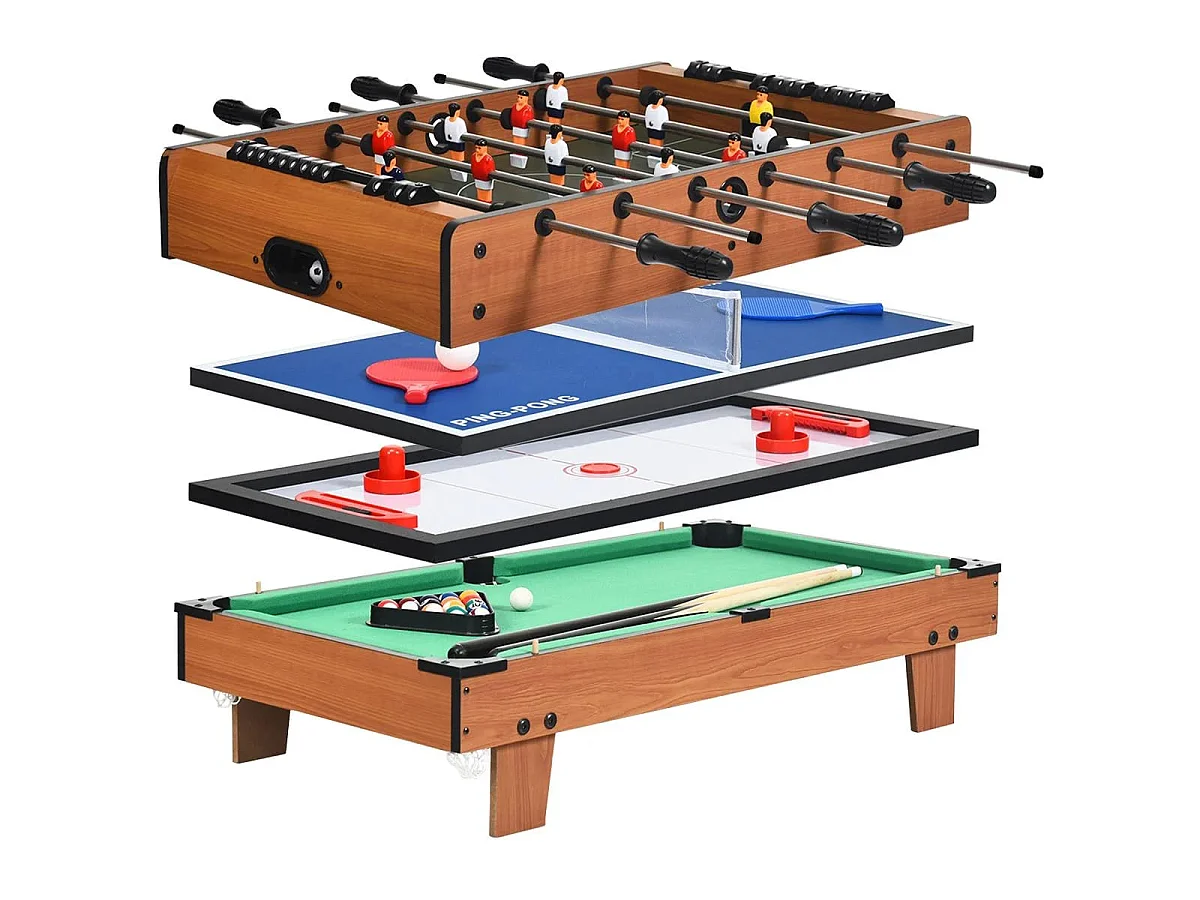 Tavolo da gioco 4 in 1: calcio balilla, hockey, ping-pong, biliardo