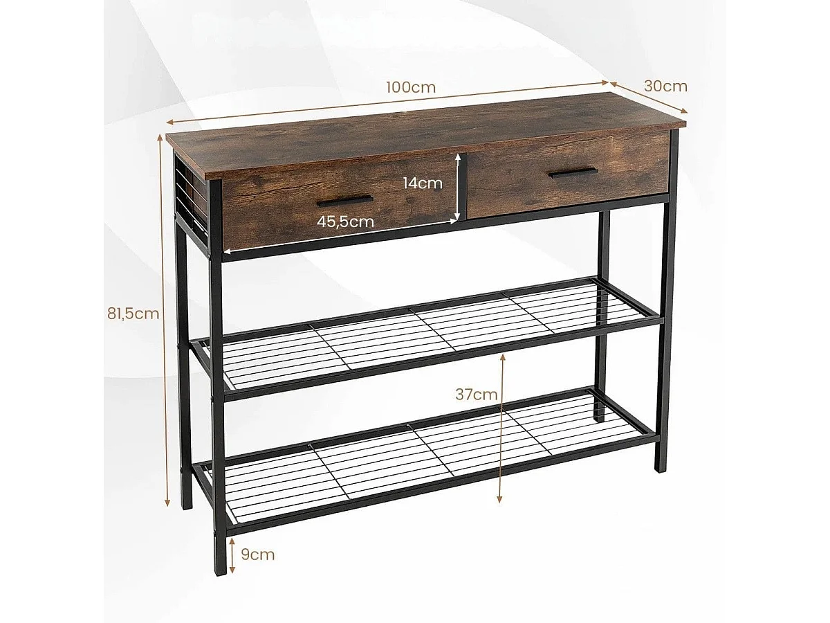 Table Console à 2 niveaux 2 Tiroirs 100 x 30 x 81,5 CM Style Industriel Cadre en Métal Meuble d' Entrée Café