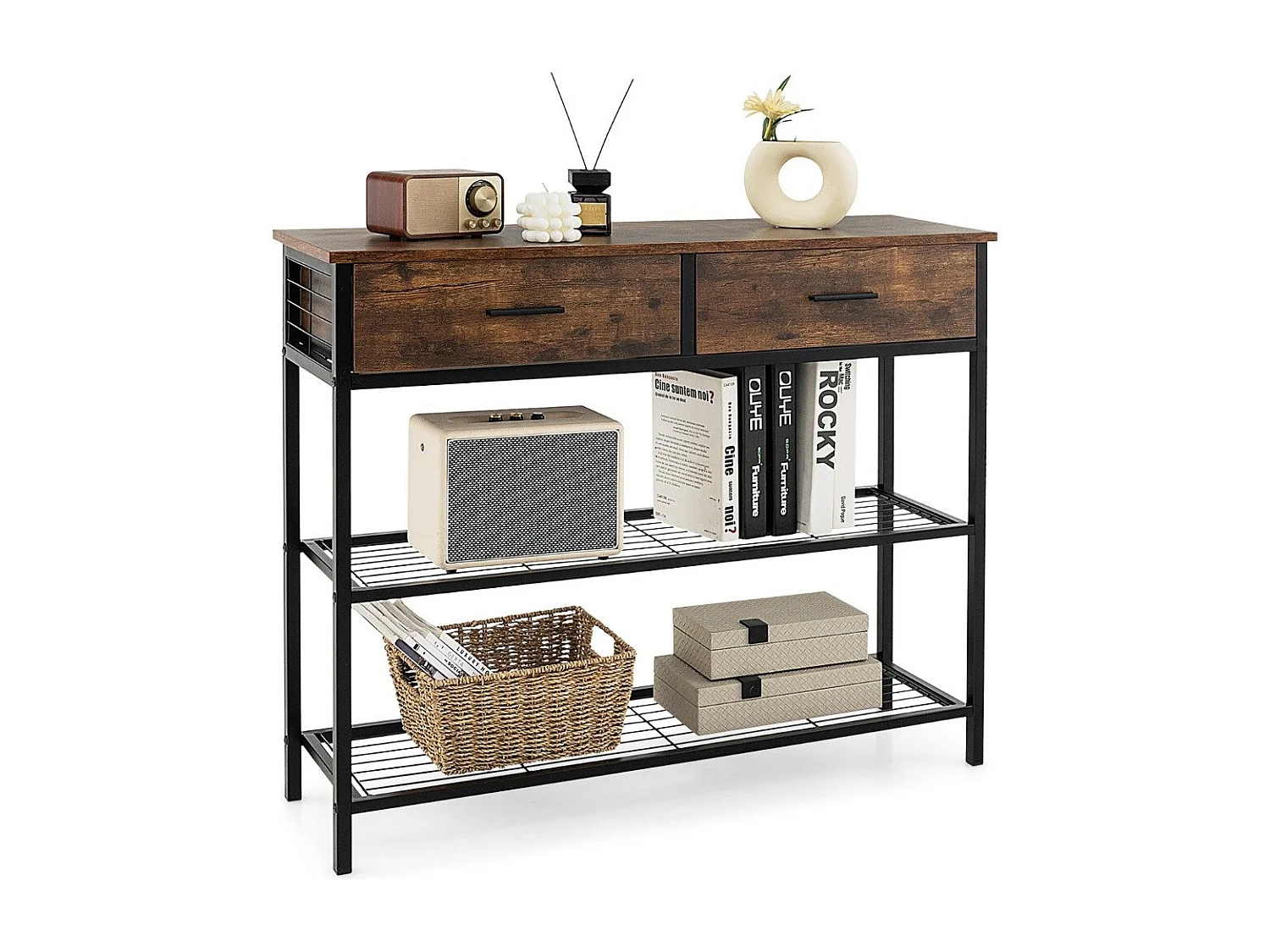 Table Console à 2 niveaux 2 Tiroirs 100 x 30 x 81,5 CM Style Industriel Cadre en Métal Meuble d' Entrée Café