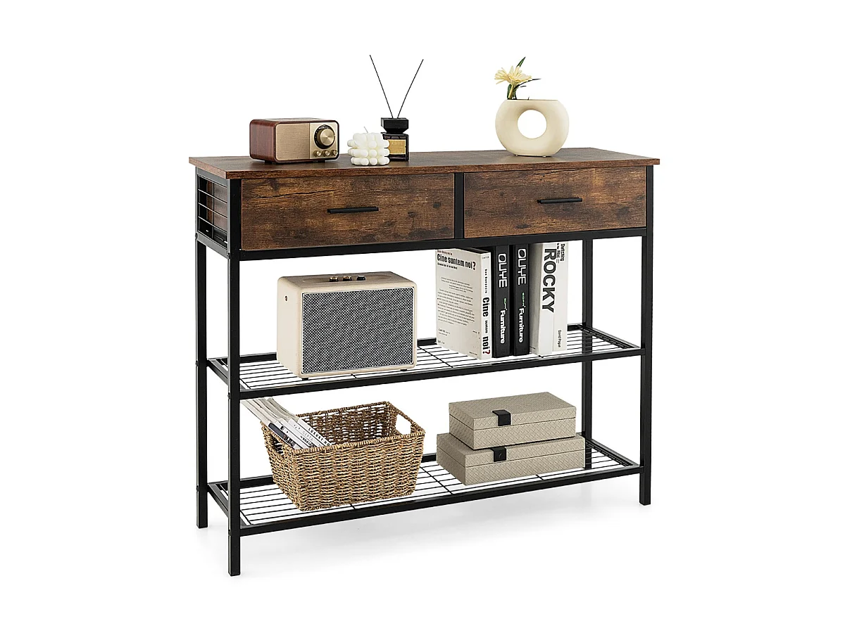 Table Console à 2 niveaux 2 Tiroirs 100 x 30 x 81,5 CM Style Industriel Cadre en Métal Meuble d' Entrée Café