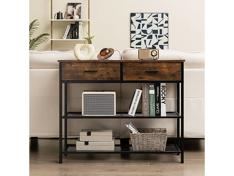 Table Console à 2 niveaux 2 Tiroirs 100 x 30 x 81,5 CM Style Industriel Cadre en Métal Meuble d' Entrée Café