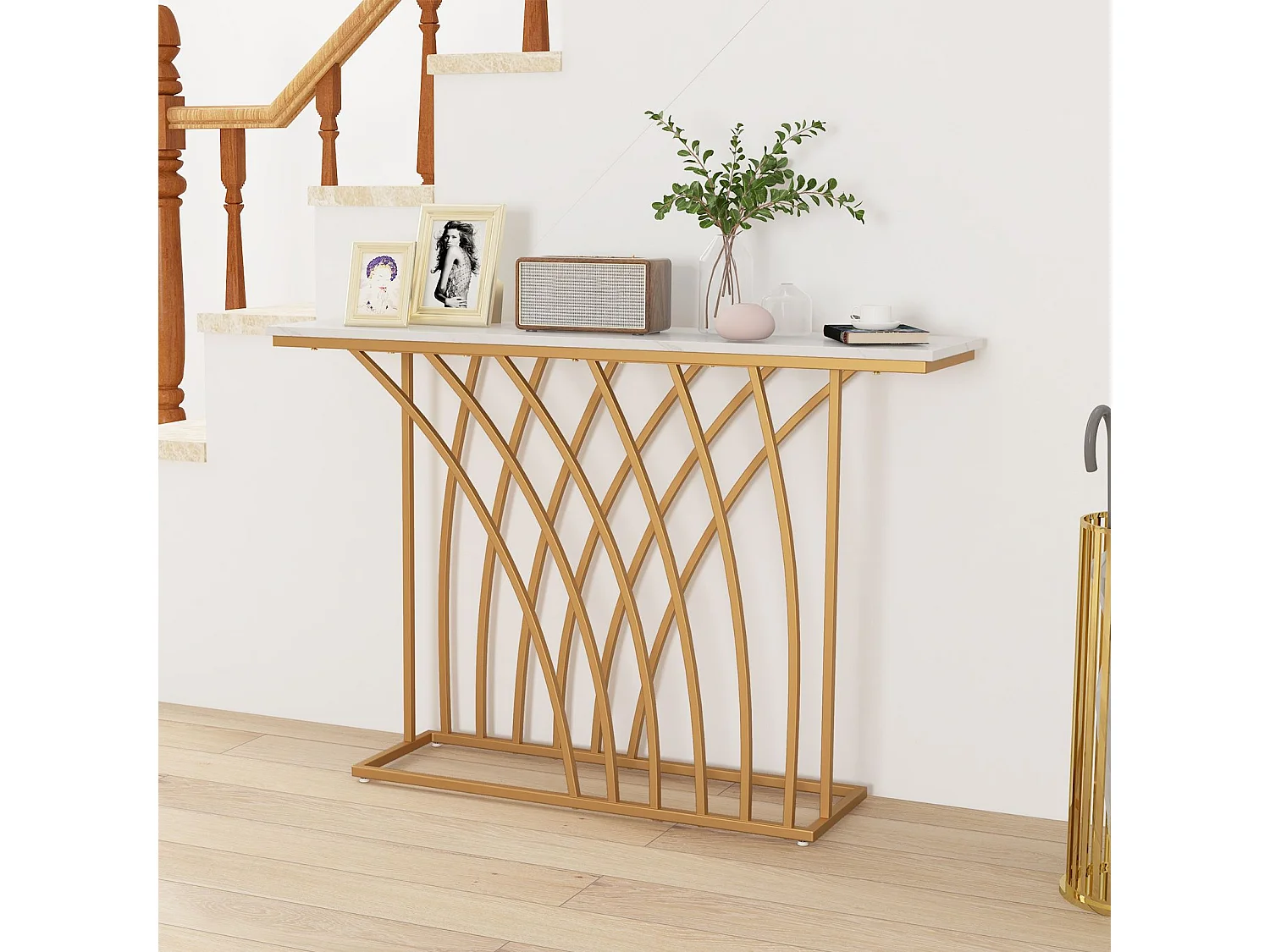 Tavolo consolle da 120cm con piano effetto marmo base geometrica, Tavolo da ingresso lungo e stretto Bianco