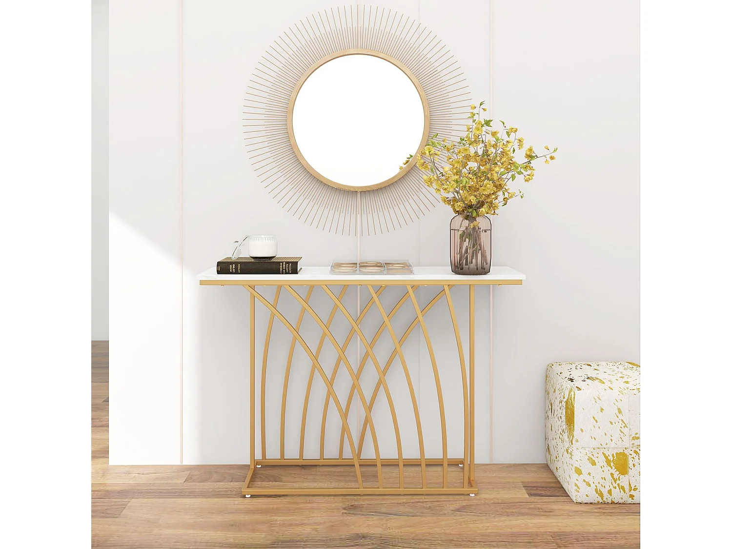 Tavolo consolle da 120cm con piano effetto marmo base geometrica, Tavolo da ingresso lungo e stretto Bianco