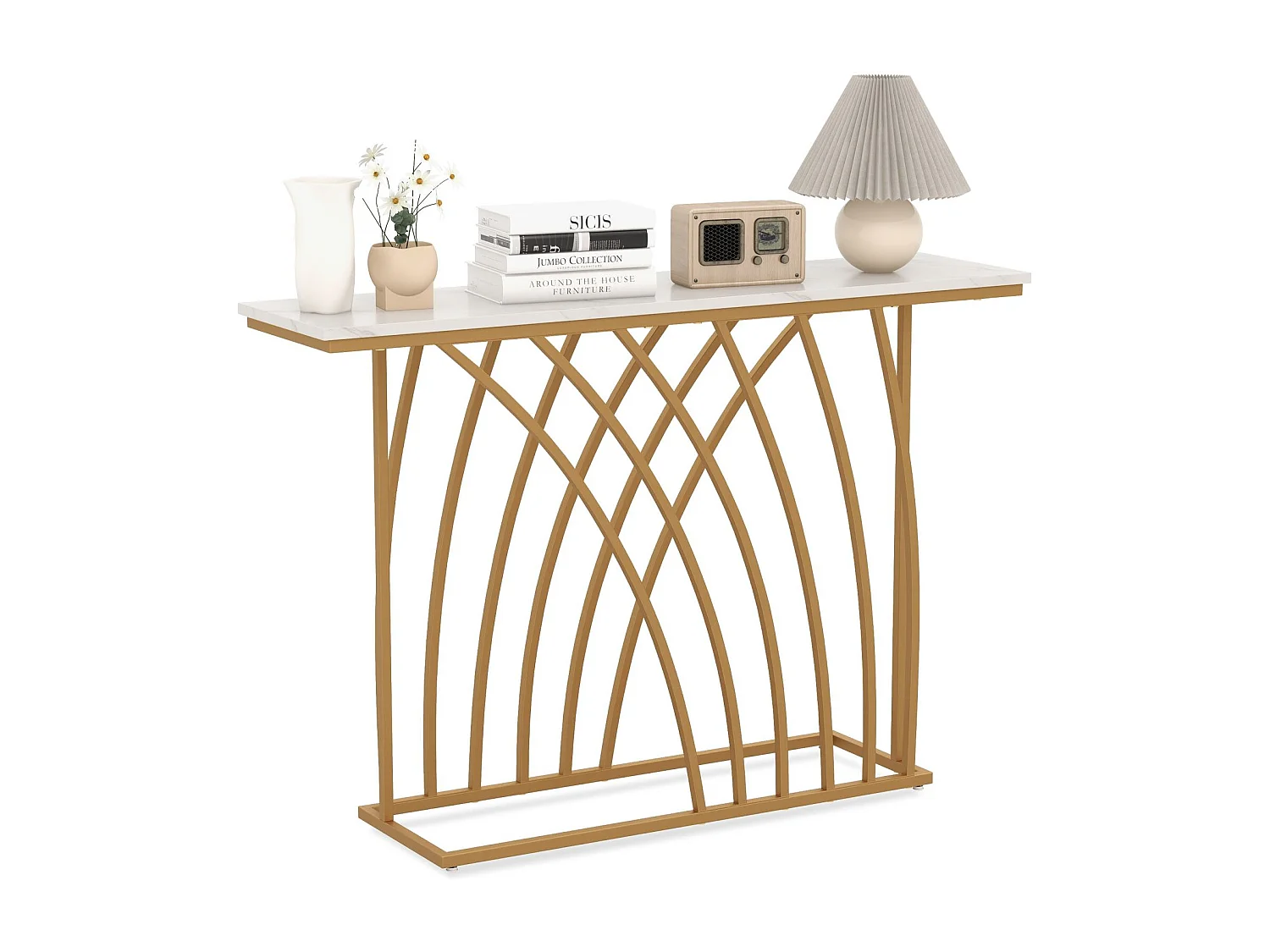 Schmaler Konsolentisch mit Marmor Optik & Geometrischem Metallrahmen 120 x 30 x 80 cm