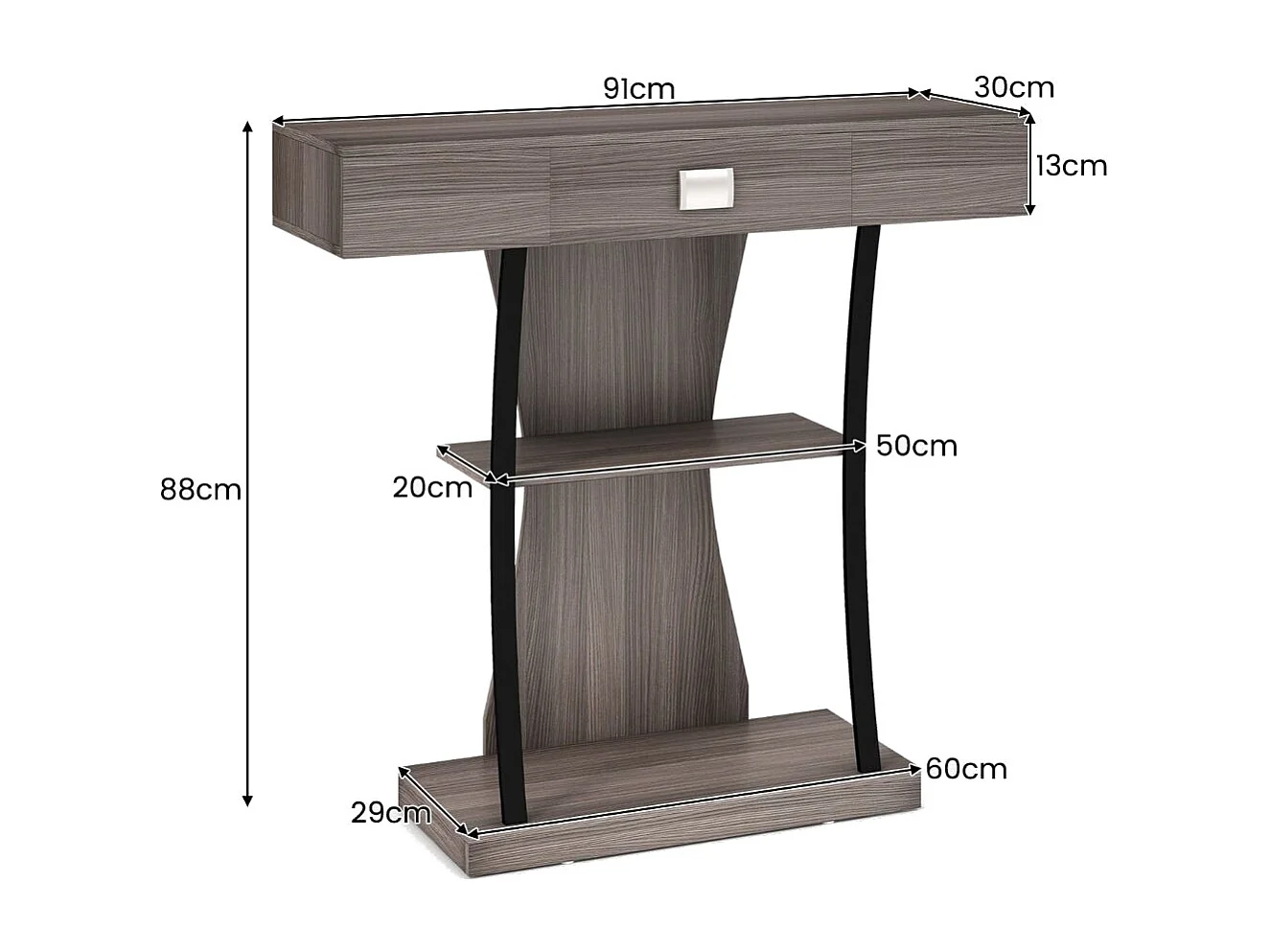 Konsolentisch aus Holz mit Schubladen & Metallrahmen & 2 Ablagen & Kippschutz Grau