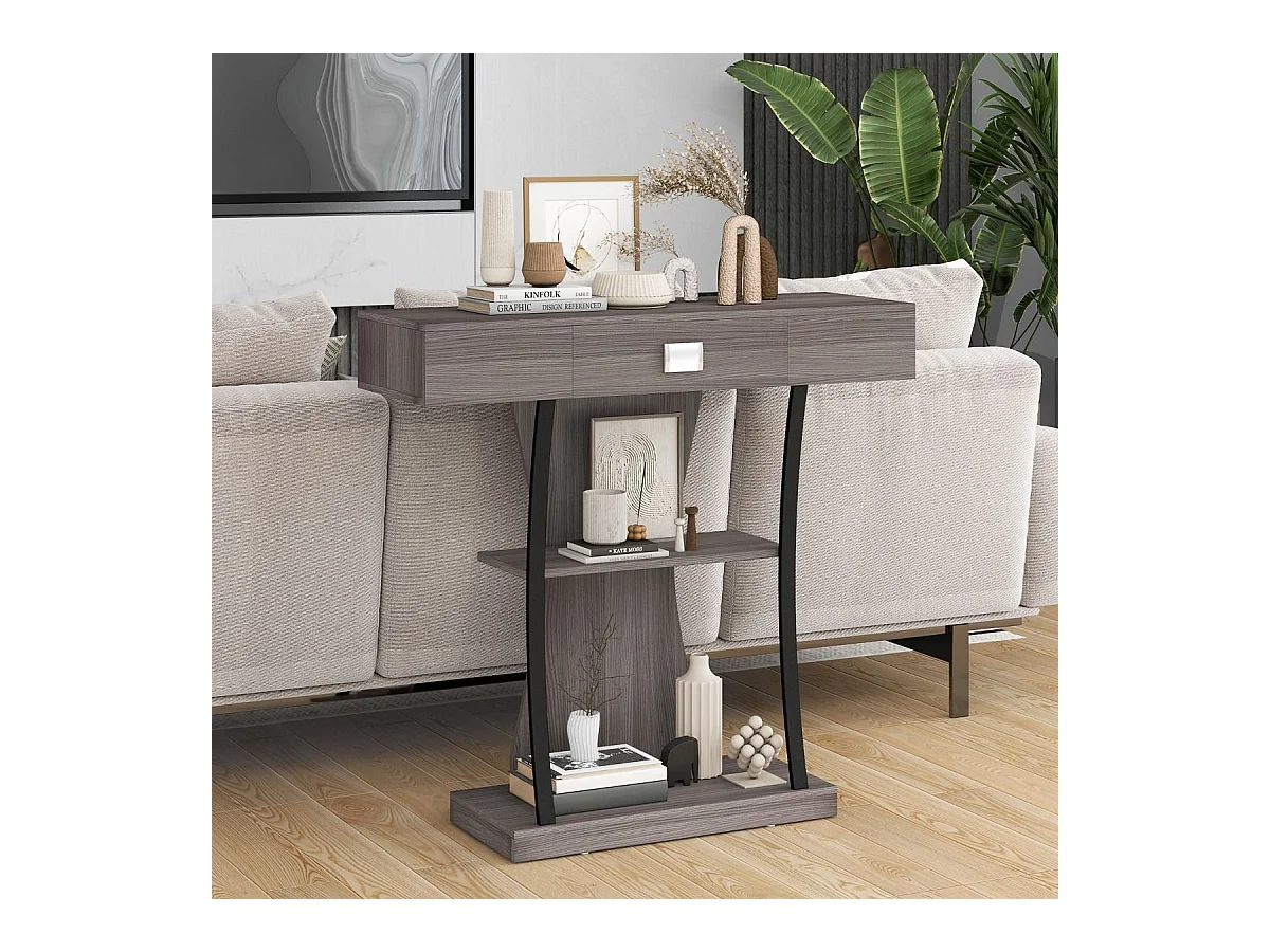 Tavolo consolle con cassetto ripiani per piccoli spazi, Tavolo moderno per ingresso Grigio