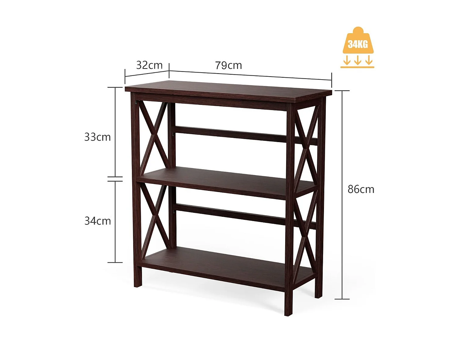 Bibliothèque Étagère de Rangement 3 Niveaux Table Console Dispositif Anti-Basculement Entrée Salon Bureau Marron