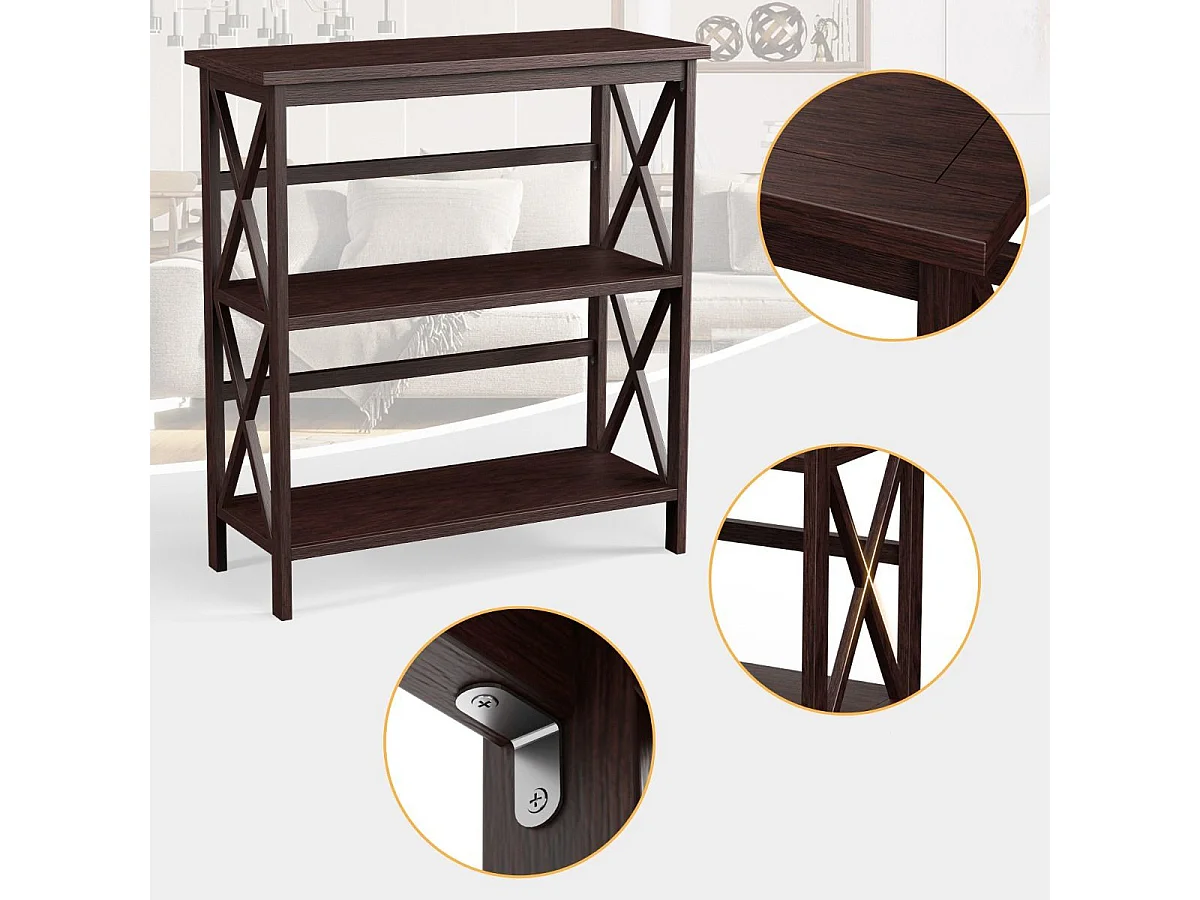 Bibliothèque Étagère de Rangement 3 Niveaux Table Console Dispositif Anti-Basculement Entrée Salon Bureau Marron
