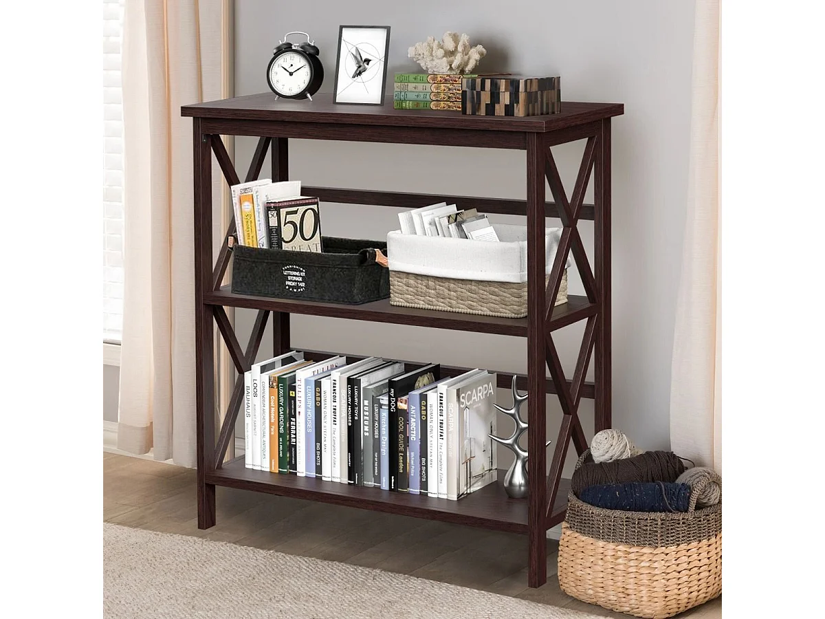 Bibliothèque Étagère de Rangement 3 Niveaux Table Console Dispositif Anti-Basculement Entrée Salon Bureau Marron