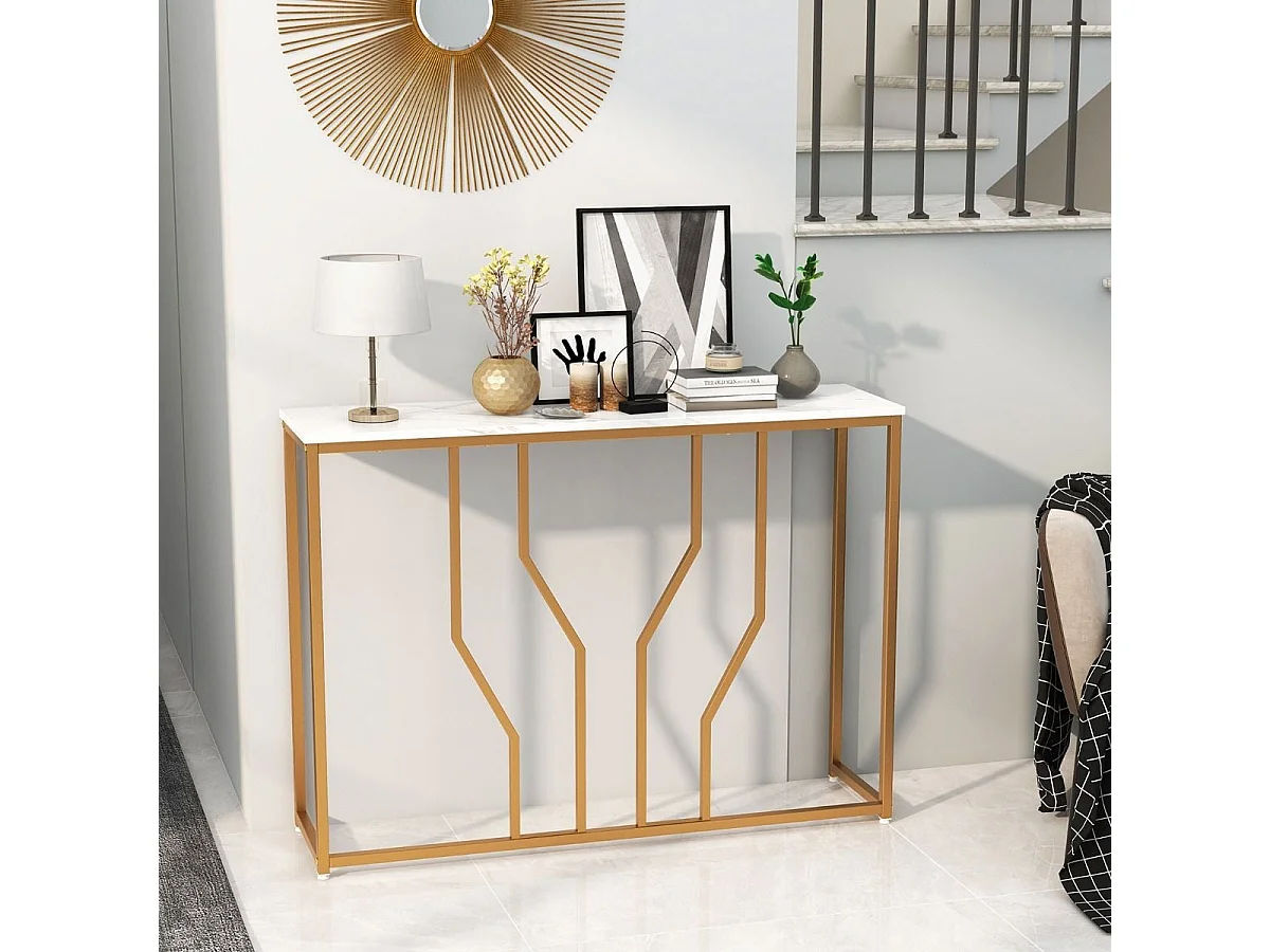 Tavolino consolle finitura dorata da 110cm con piano effetto marmo struttura metallica, Tavolo da ingresso Bianco