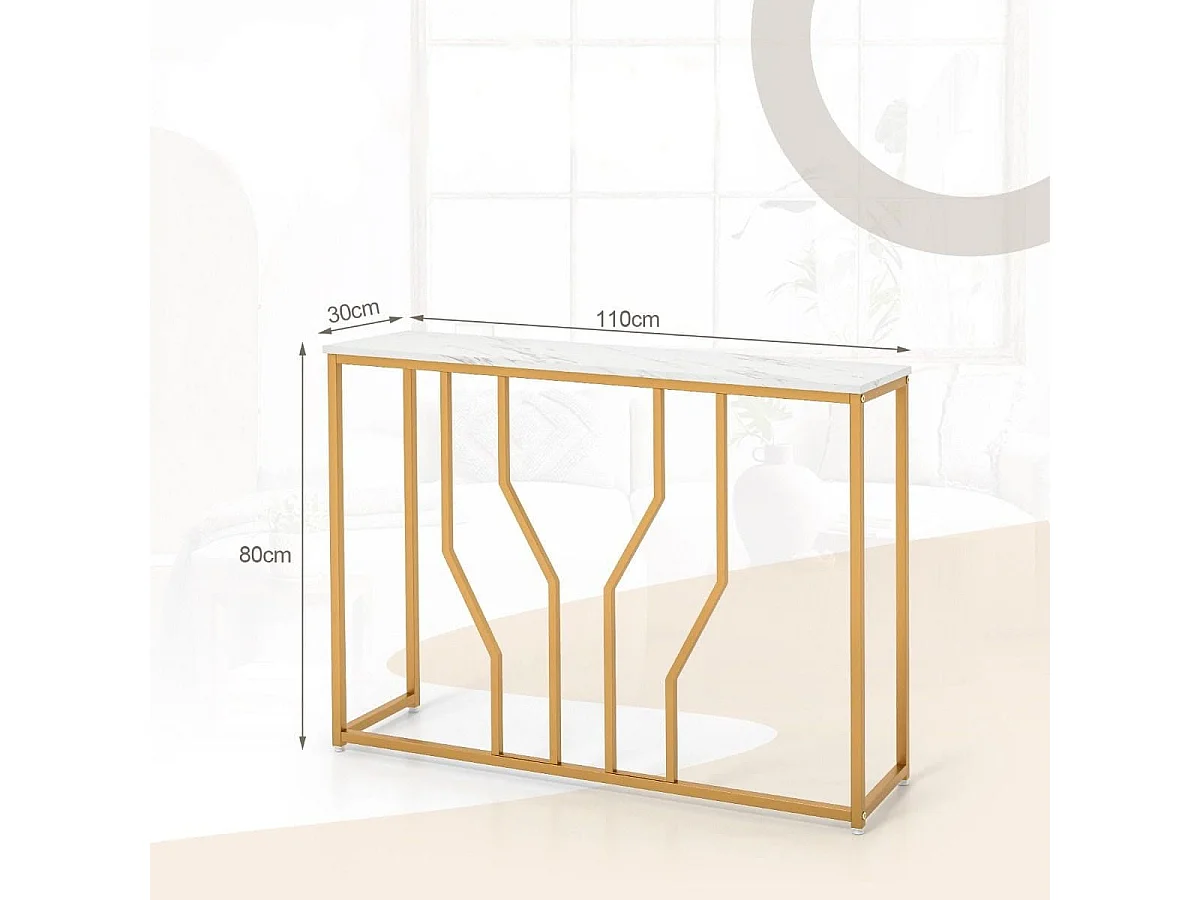 Tavolino consolle finitura dorata da 110cm con piano effetto marmo struttura metallica, Tavolo da ingresso Bianco