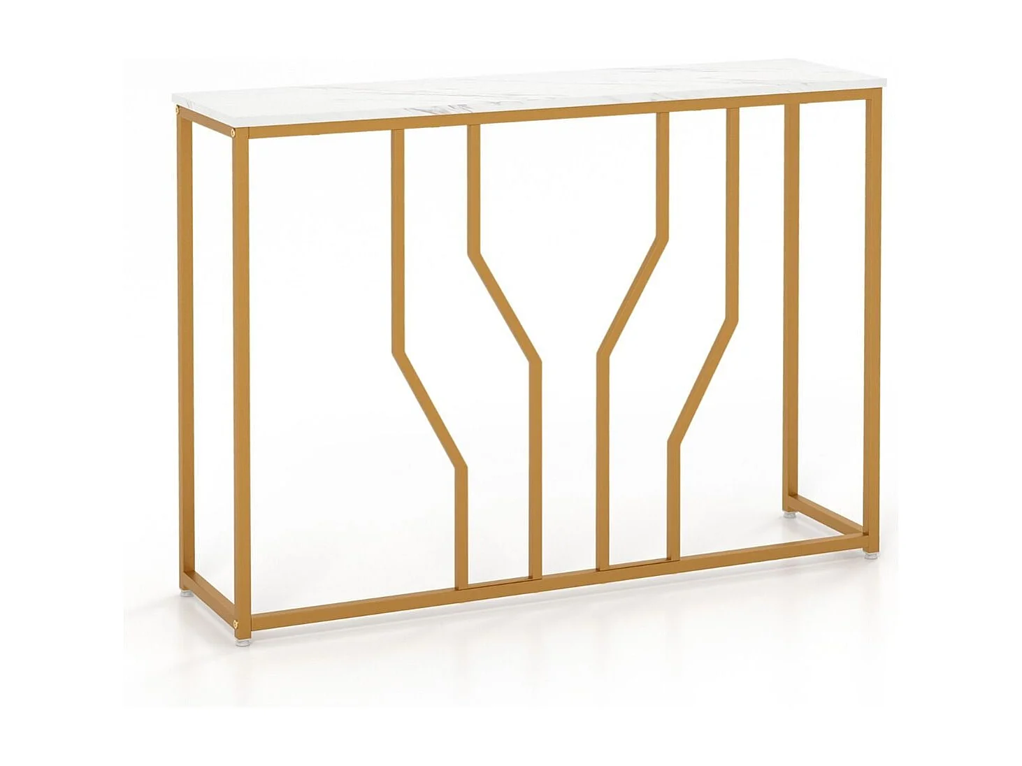Tavolino consolle finitura dorata da 110cm con piano effetto marmo struttura metallica, Tavolo da ingresso Bianco