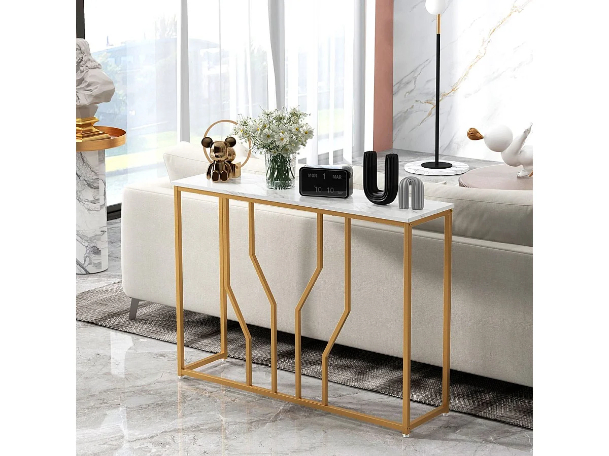 Tavolino consolle finitura dorata da 110cm con piano effetto marmo struttura metallica, Tavolo da ingresso Bianco