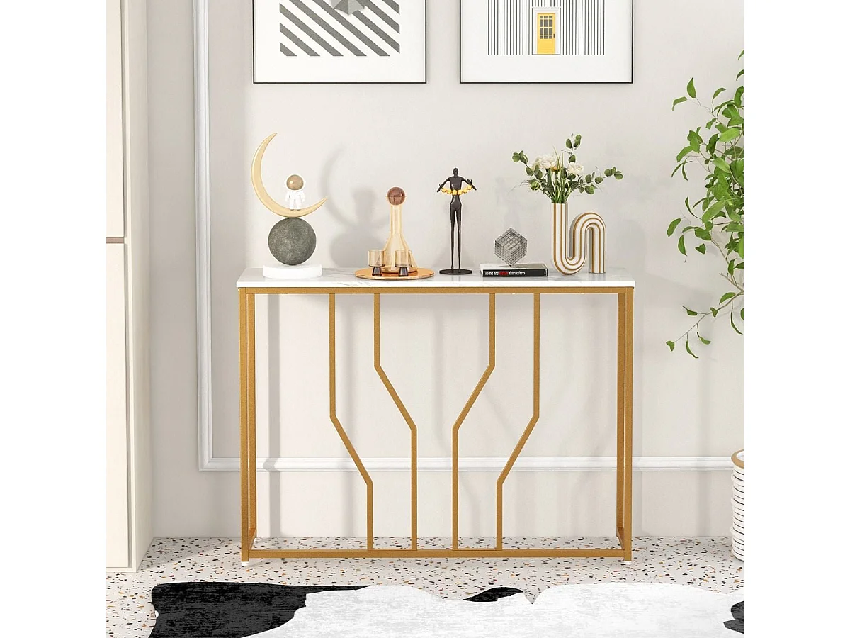Tavolino consolle finitura dorata da 110cm con piano effetto marmo struttura metallica, Tavolo da ingresso Bianco