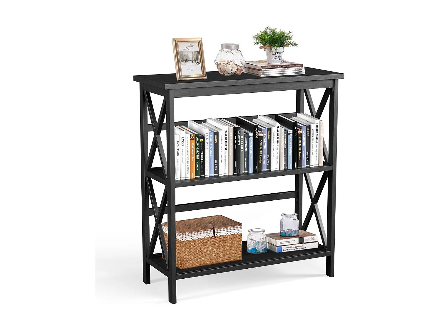 Bibliothèque Étagère de Rangement 3 Niveaux Table Console Dispositif Anti-Basculement Entrée Salon Bureau Noir